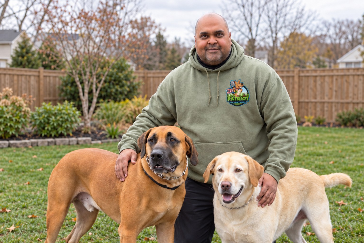 Client-retained AI scene of David in a green Patriot hoodie with two dogs